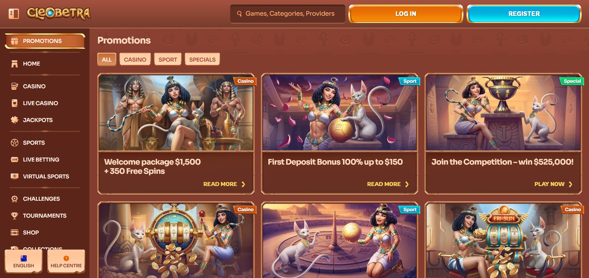 Cleobetra promotions page with the Welcome package, First Deposit Bonus and tournament tiles