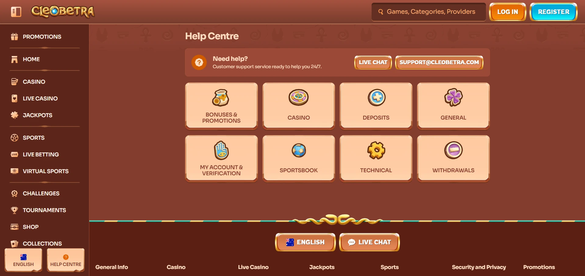 Cleobetra Help Centre with the Need help banner, Live chat button and eight topic tiles