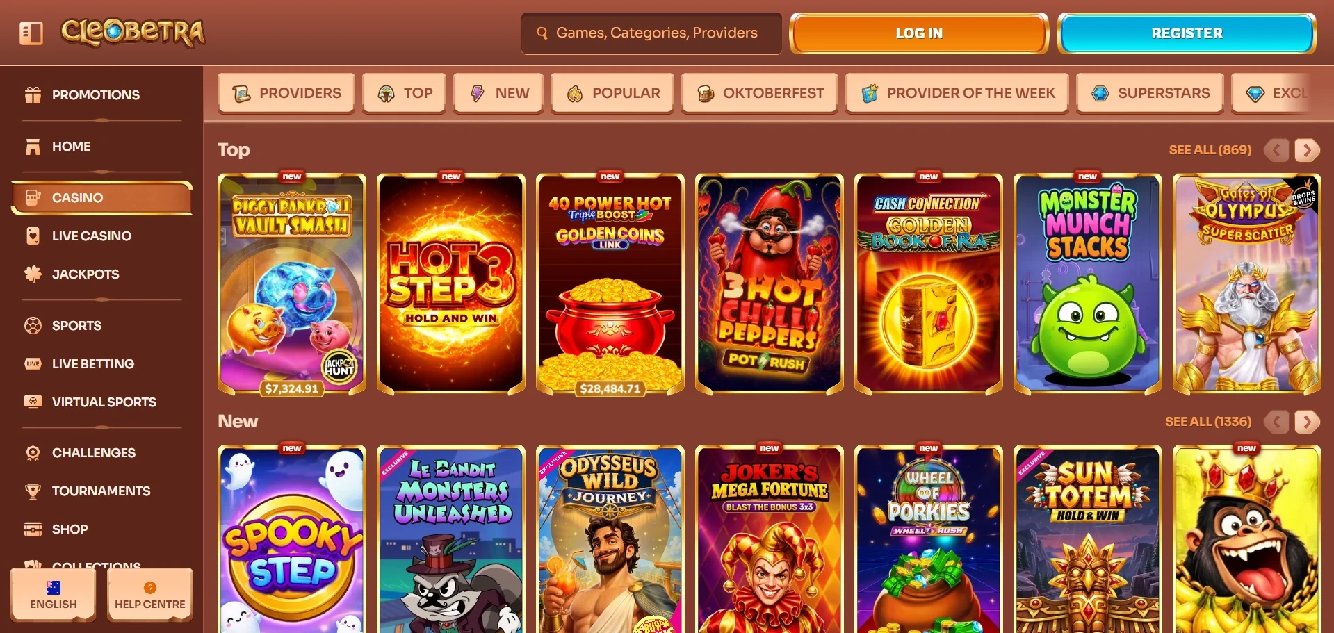 Cleobetra casino lobby with the Top and New shelves of pokies and the Providers, Top, New and Popular chips