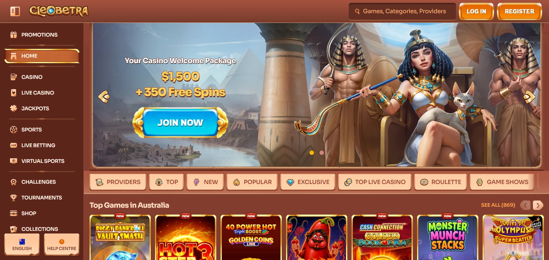 Cleobetra home page with the Welcome Package banner, the left menu and the Top Games in Australia shelf