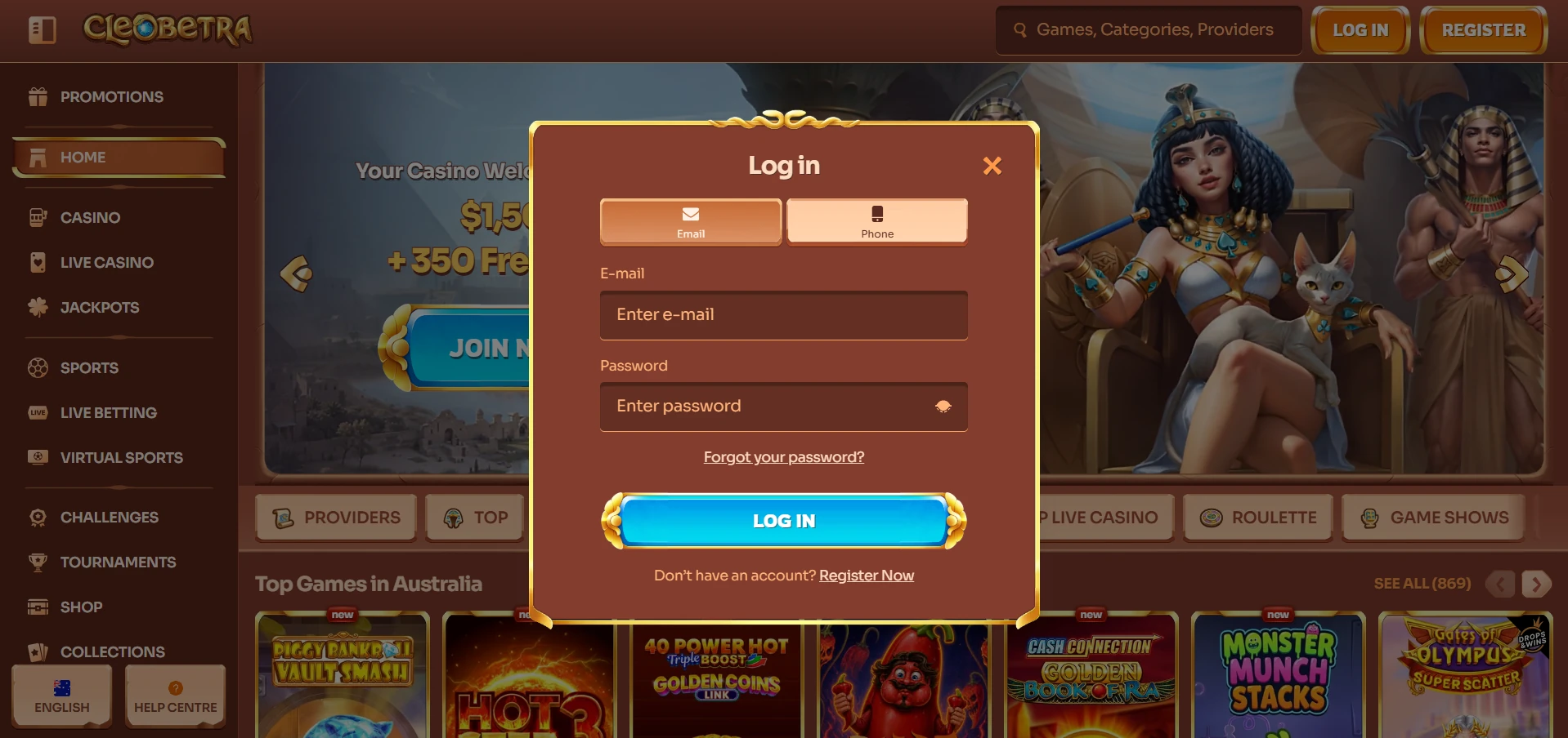 Cleobetra Log in pop-up with Email and Phone tabs, password field and Register Now link