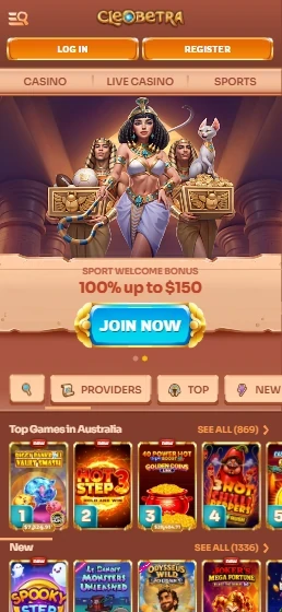 Cleobetra mobile home screen with the sport welcome bonus banner and the Top Games in Australia shelf
